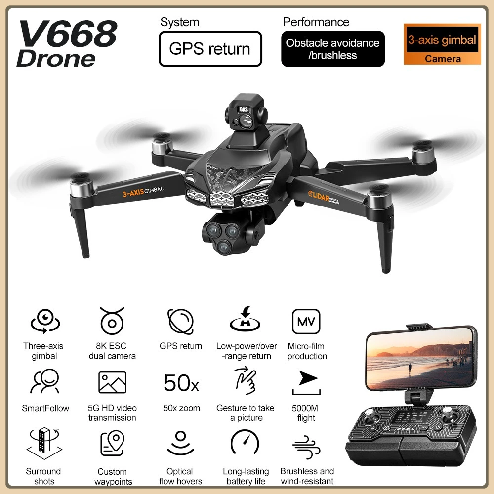 

V668 Drone 5000M 5G WiFi FPV Brushless Motor GPS Return 8K HD Dual Camera 360° Laser Obstacle Avoidance RC Quadcopter Drone Toys