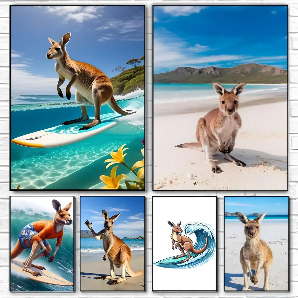 K-Kangaroo on Beach Poster  Self-adhesive Art Waterproof Paper Sticker Coffee House Bar Room Wall Decor