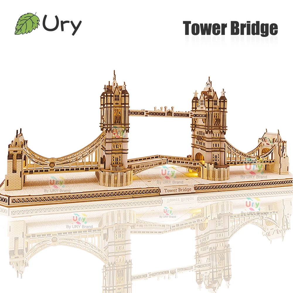 Ury 3D Wooden Puzzle England London Tower Bridge with Light LED Retro Assembly Souvenir Kits for Adult DIY Model Decoration Gift