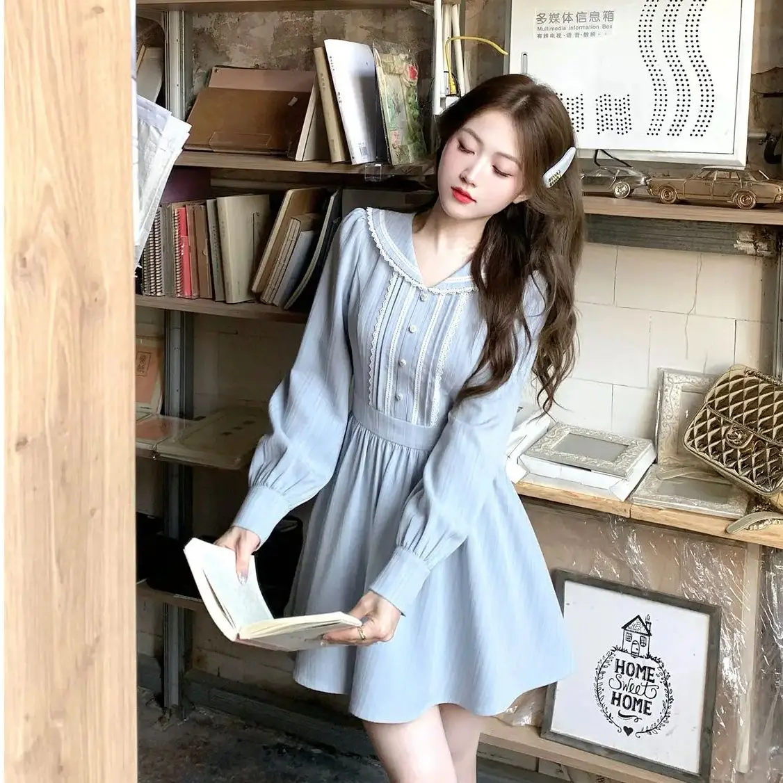 

Korea Navy Neck Contrasting Color High-Waist Dress Fashionable Spring Autumn New Waist-Hugging College Style High-End Skirt