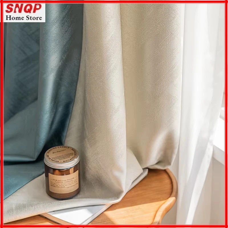 Modern Simple Splicing High-precision Light Luxury Satin Jacquard Solid Color Blackout Curtains Living Room Decorative Tulle