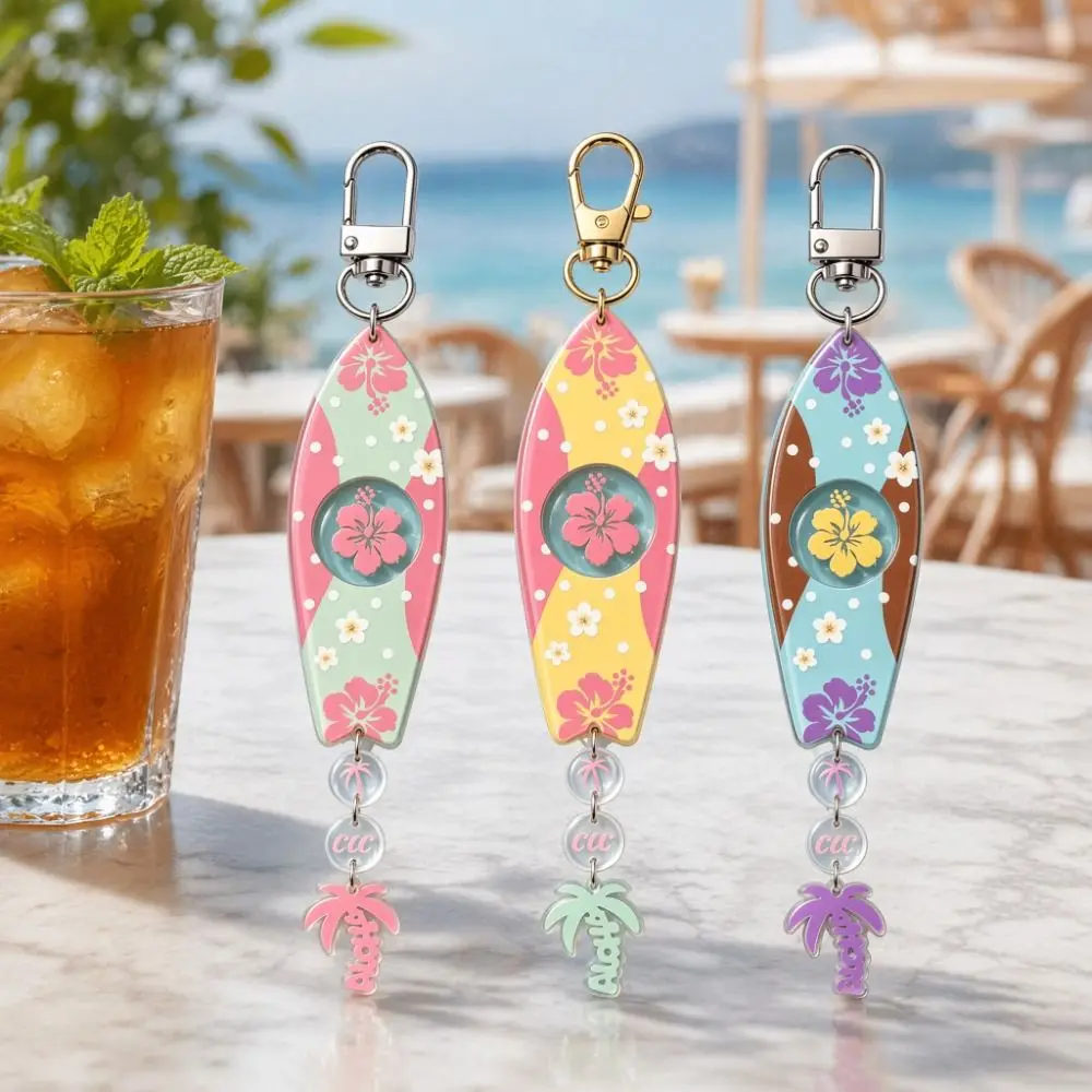 Exquisite Printing Surfboard Keychains Cool Summer Marine Theme Pendant Acrylic Hibiscus Flower INS Jewelry Party