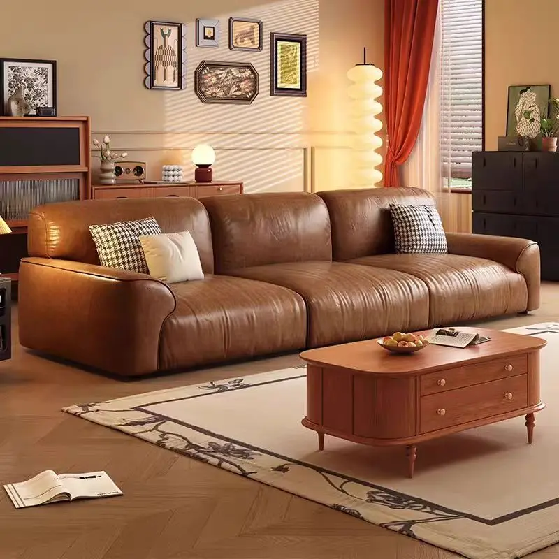 

%￥Mid-century Modern Style Living Room Office Leather Sofa Hotel Sofa Home Office Modern Oil Wax Leather Sofa Set