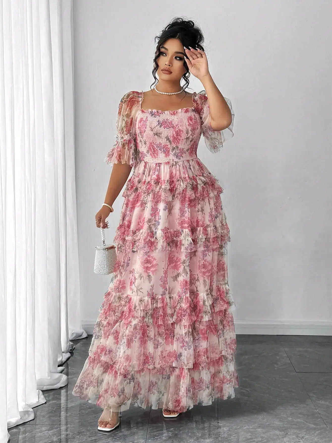 

Elegant Romantic Floral Print Tiered Ruffle Maxi Dress For Women
