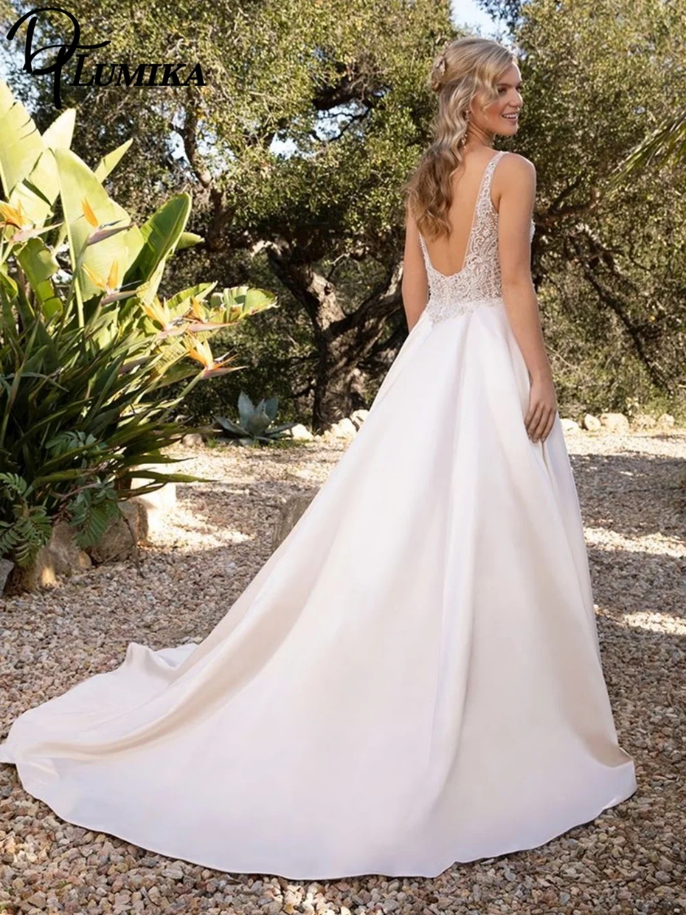 

Elegant Lace & Satin Wedding Dress Romantic V - Neck Bridal Gown Chic A - Line Floor - Length Wedding Gown Customized