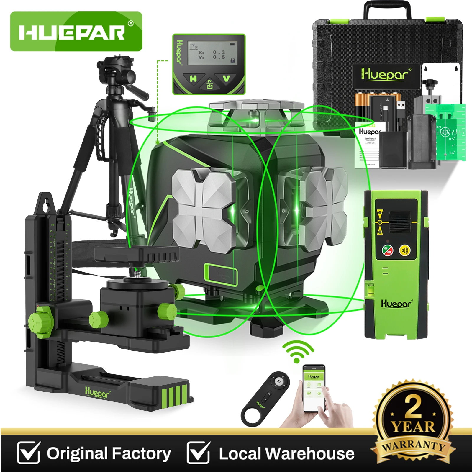 Huepar 4D 16 lignes niveau Laser S04CG outil de niveau de ligne transversale horizontale et verticale auto-nivelant avec télécommande, détecteur, trépied et LCD