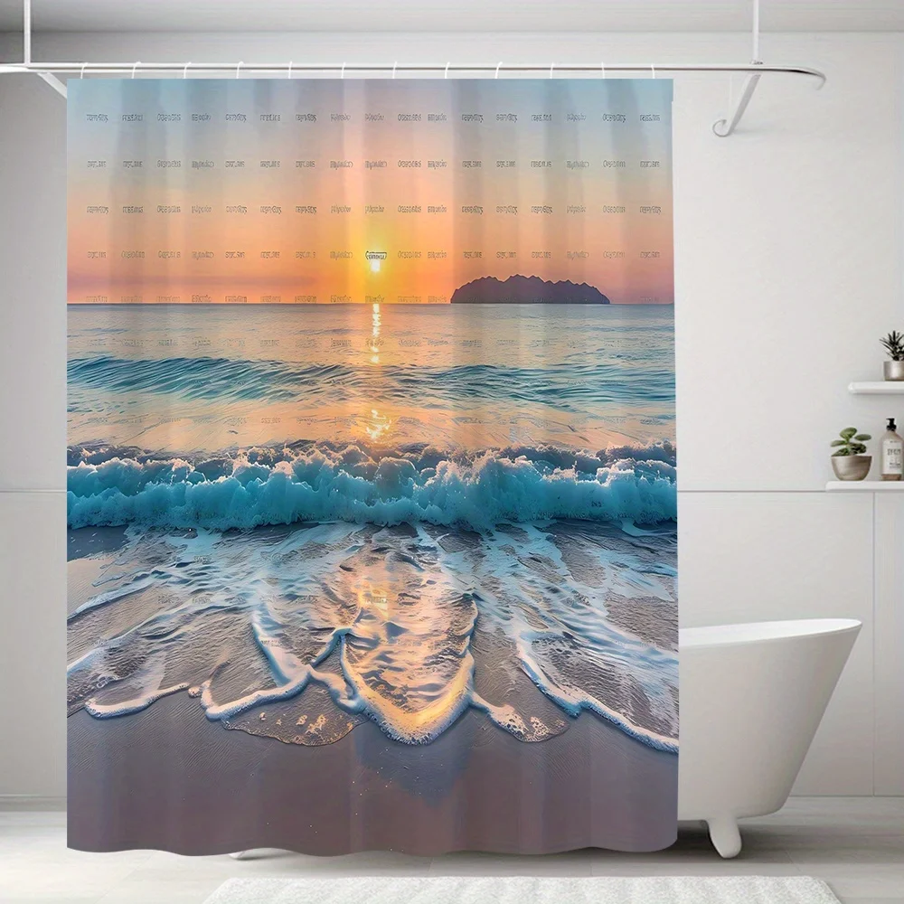 1pc Beach sunrise and seascape patterned shower curtain, machine washable polyester, suitable for bathroom décor.