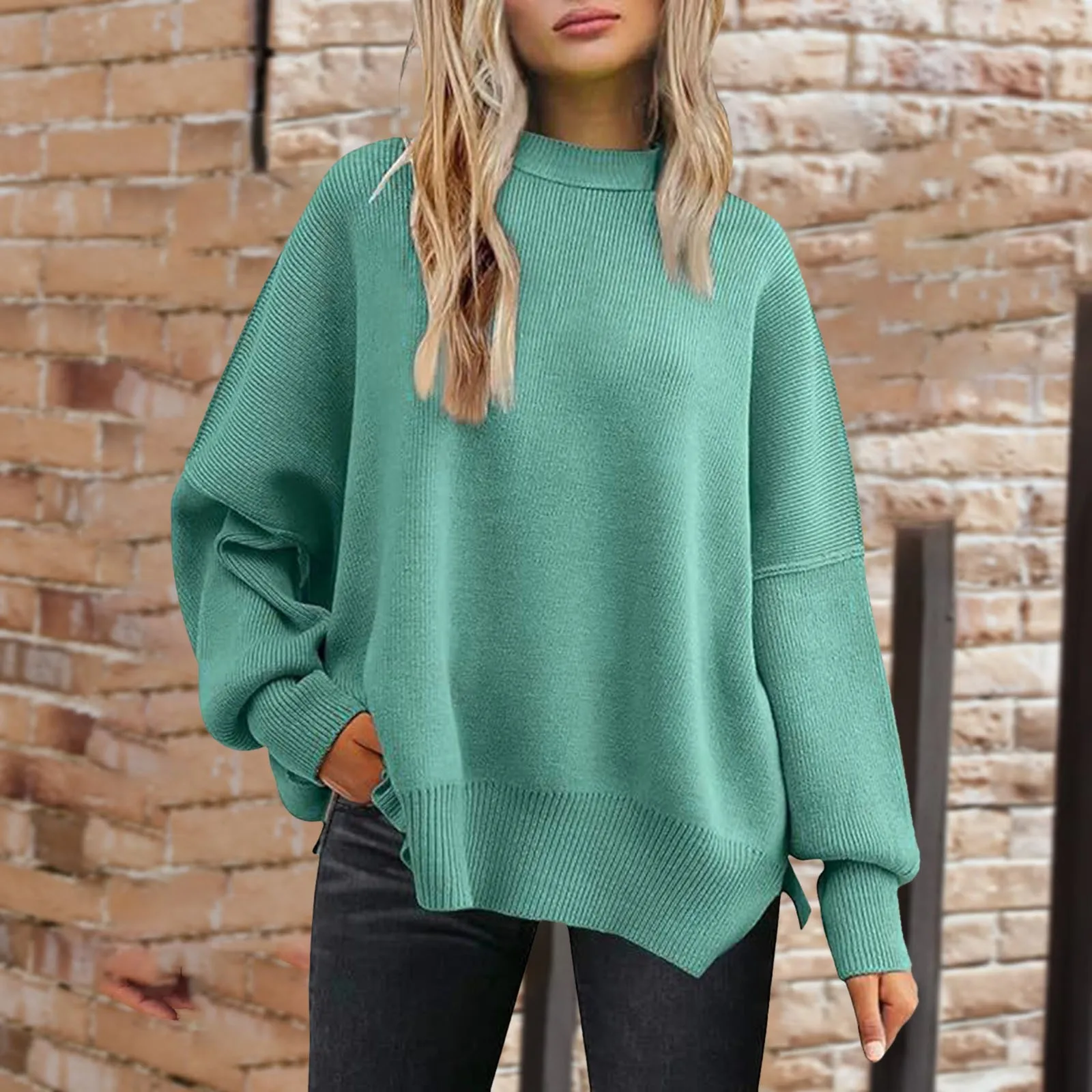 

2024 Fall Women's Oversized Loose Knitwear Crewneck Batwing Long Sleeve Sweaters Solid Color Ribbed Knit Side Slit Pullover Tops