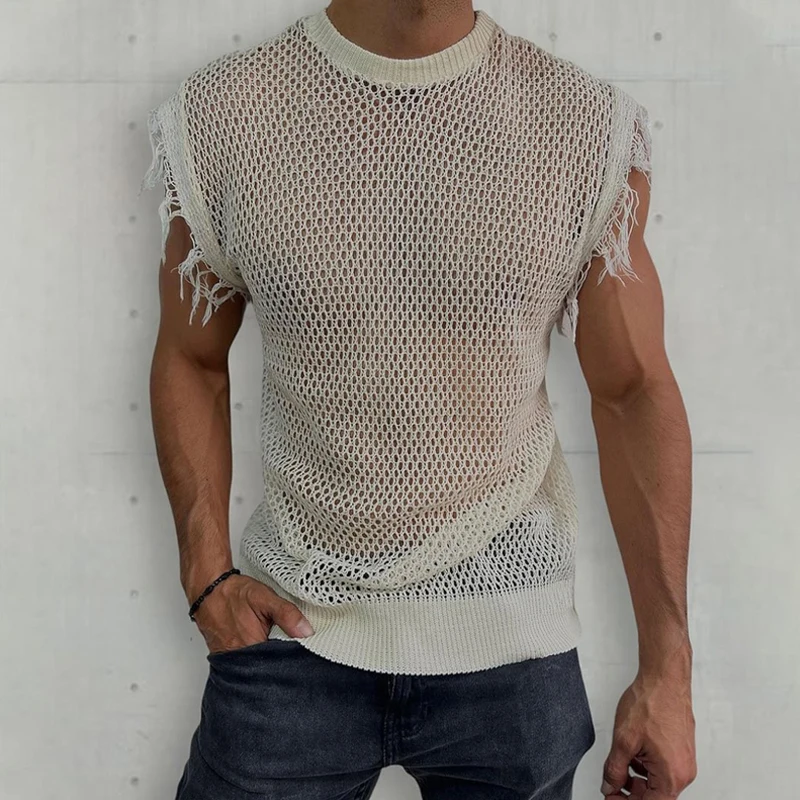 

2023 Summer Fashion See Through Mens Knit Tank Tops Streetwear Vintage Ripped Design Sleeveless Tops Men Clothes Casual Camisole