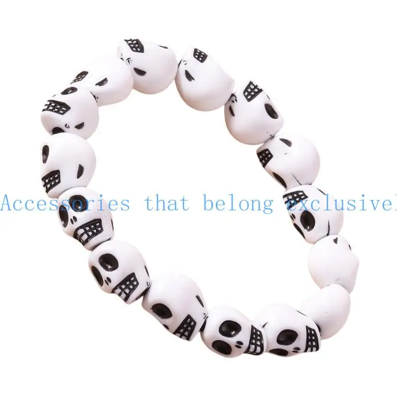 

652F Hip Hop Skull Head Beaded Bracelet Unisex Streetwear Handchain Elastic Wristchain Handmade Fashion Accessory