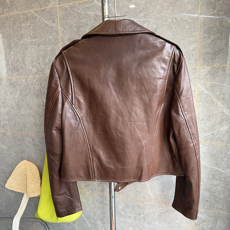 ผู้หญิง A-level Sheepskin เสื้อแจ็คเก็ตหลวมสบายๆรถจักรยานยนต์สั้น 2025 ฤดูใบไม้ร่วงหญิง 100% ของแท้หนังแจ็คเก็ต Outwear