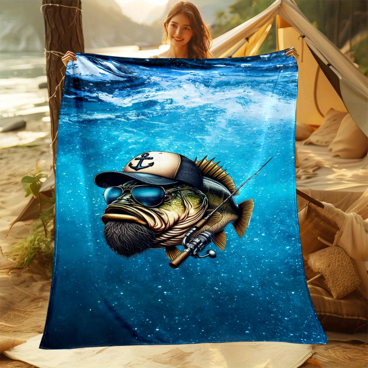 Whimsical Fish Flannel Blanket with Fishing Rod Print