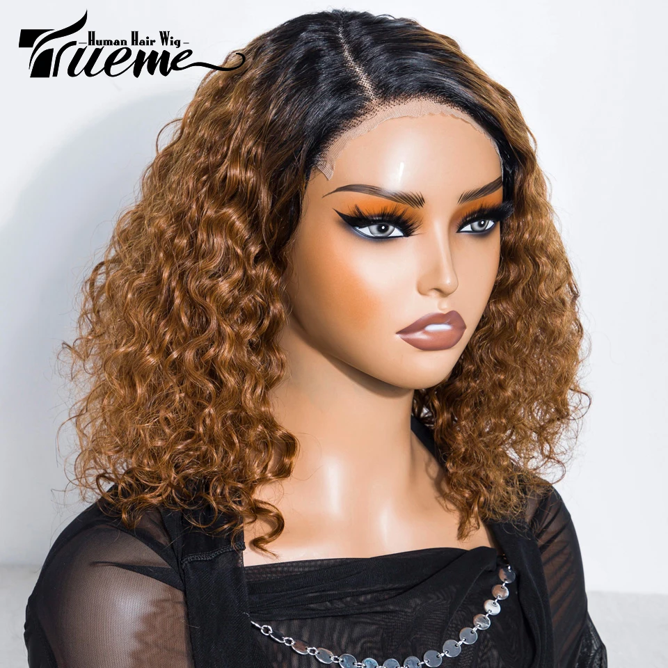 Trueme Wig rambut palsu untuk wanita, Wig Bob keriting pendek untuk wanita Ombre cokelat gelombang air Brasil tanpa lem rambut manusia renda