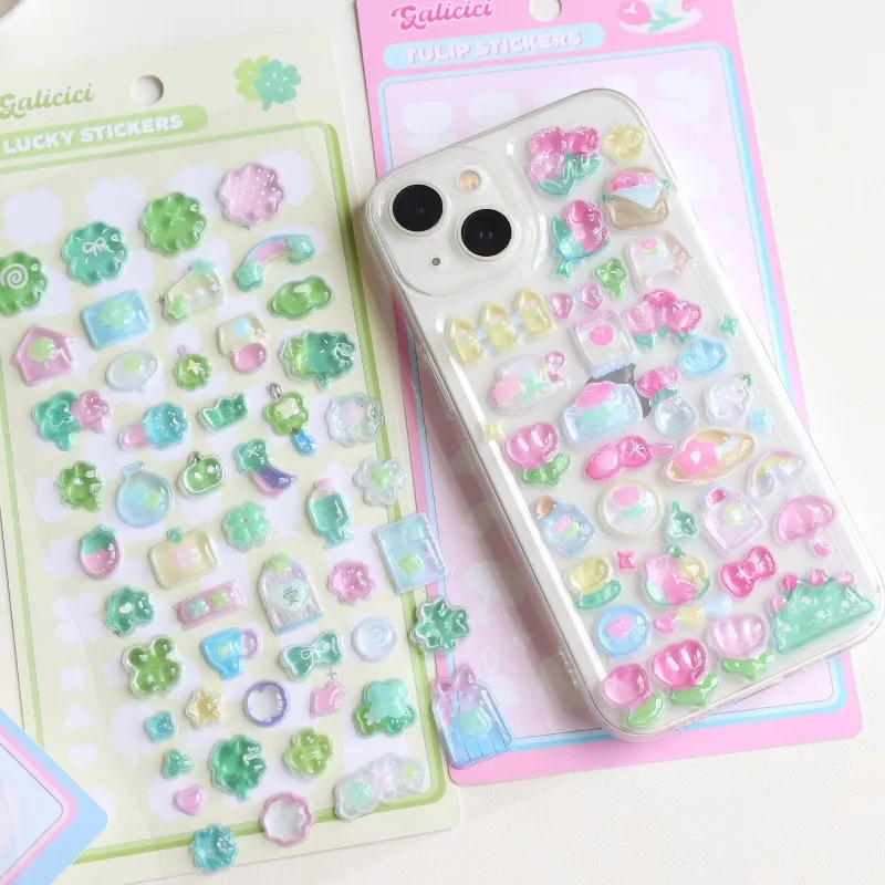 Korean 3D Puffy Crystal Stickers Lucky Clover Tulip Music Note Relief Decals Cute Embossed Scrapbook Journal Decorations Sticker