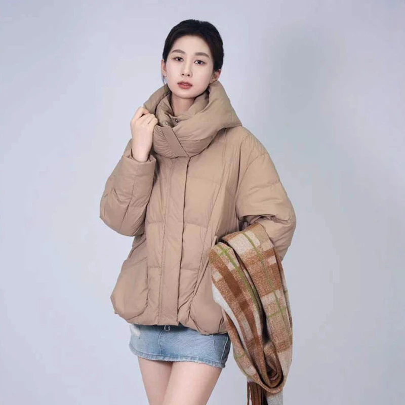 Veste d'hiver courte à capuche avec grande poche pour femme, 90% duvet de canard blanc, ample, fermeture éclair, épais et chaud, Parker, vêtements d'extérieur