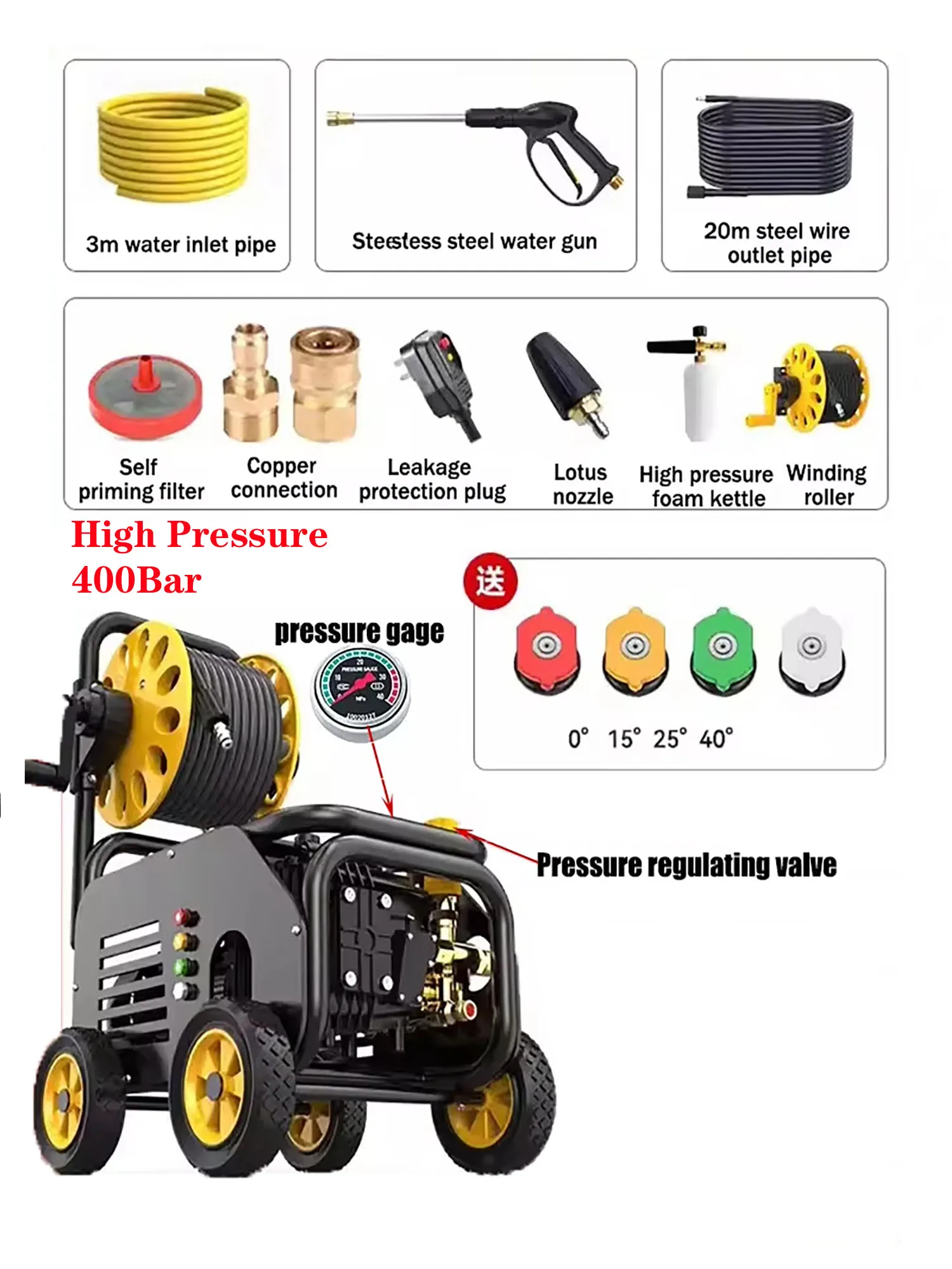 Lavadora de coche de alta presión, 400bar, 220V, máquina de limpieza, pistola de agua, arranque automático, parada, multifuncional, para el hogar y comercial