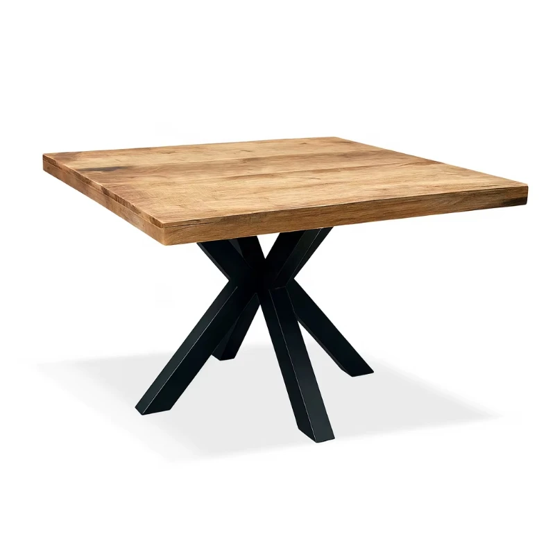 Hot-selling 150cm industrial style square dining table set solid wood metal steel design e****mical restaurant furniture