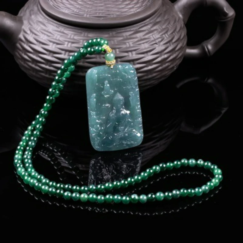 

Натуральный ручной резной изумрудный синий водный солнце Татхагата Зодиак Страж ледяной нефритовый ожерелье кулон модный мужской женский амулет подарок
