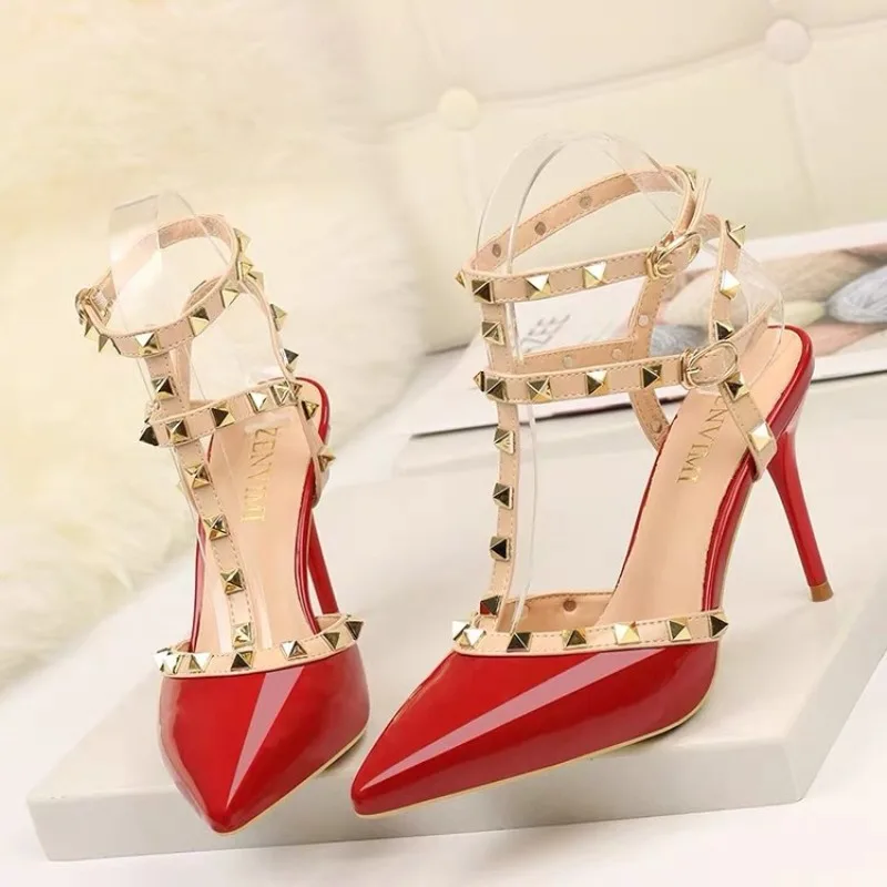 Spring and Summer  Women's Rivet Pointed Toe Stiletto High Heels Wrapped Head Shallow Mouth One Buckle Strap Non-slip Sandals
