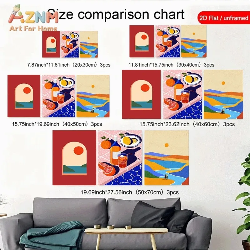 Unframed Canvas Wall Art 3pcs Arch Sunset Fruit Wine Still Life Mountain River Figure Abstract Poster Print for Home Wall Decora