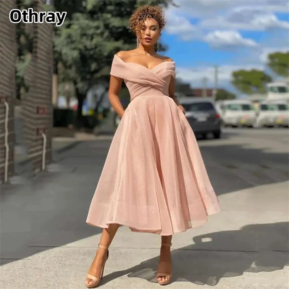 Othray Prom Dress A-Line Off The Shoulder Tea-Length Pleat Simple Pocket Open Back Corset Evening Gowns For Women