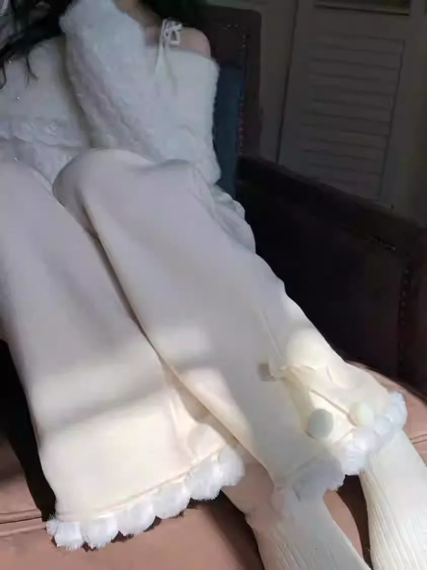 Large Size Women Autumn Winter Fleece Thickened Hairball Bow Knitted Wide-leg Pants Fashion Leisure Apricot Straight-leg Pantses