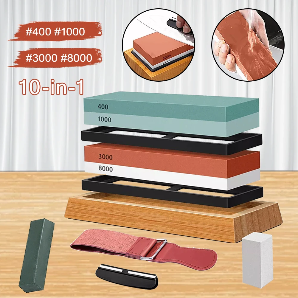 400/1000 3000/8000 Grit Double Sided Whetstone Knife Sharpening Stone Kit With Non-Slip Base Kitchen Blade Sharpener