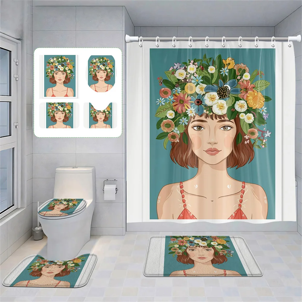 

Four-Piece Set Morandi Bathroom Decorative suit Abstract Art Shower Curtain Non-Slip Floor Mat Toilet Mat home decoration