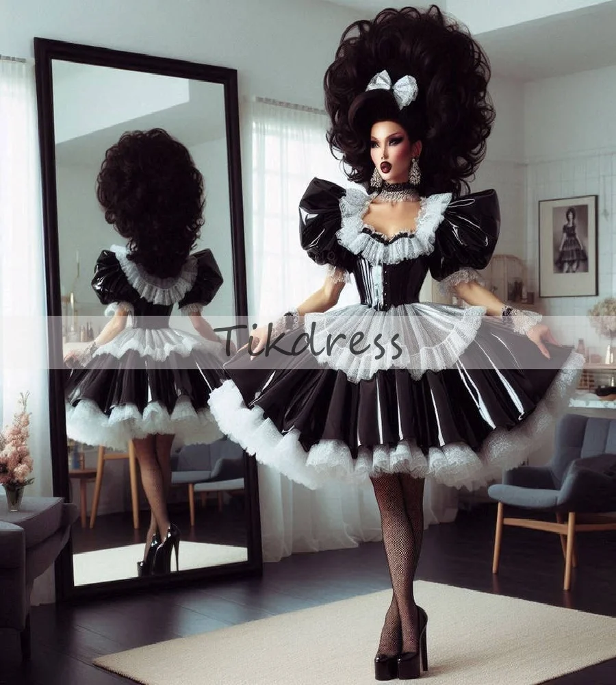 

Vampire Gothic Maid Dress With Apron Elegant PVC Costume Prom Dress A Line Witchy Black and White Evening Dress Party Customized