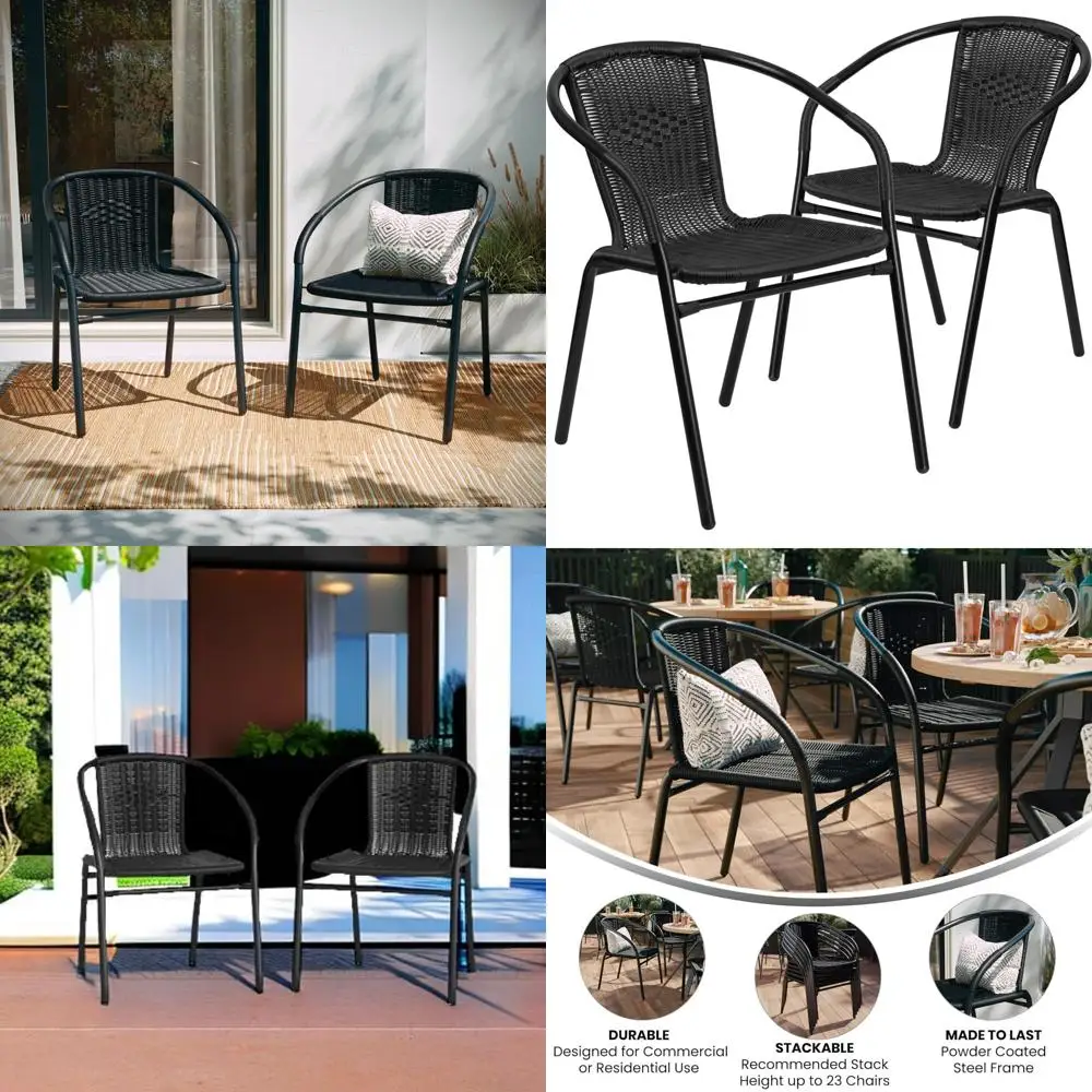 

Pair of Contemporary Rattan Stackable Chairs for Indoor or Outdoor Use with Curved Backrest and Cross Braces