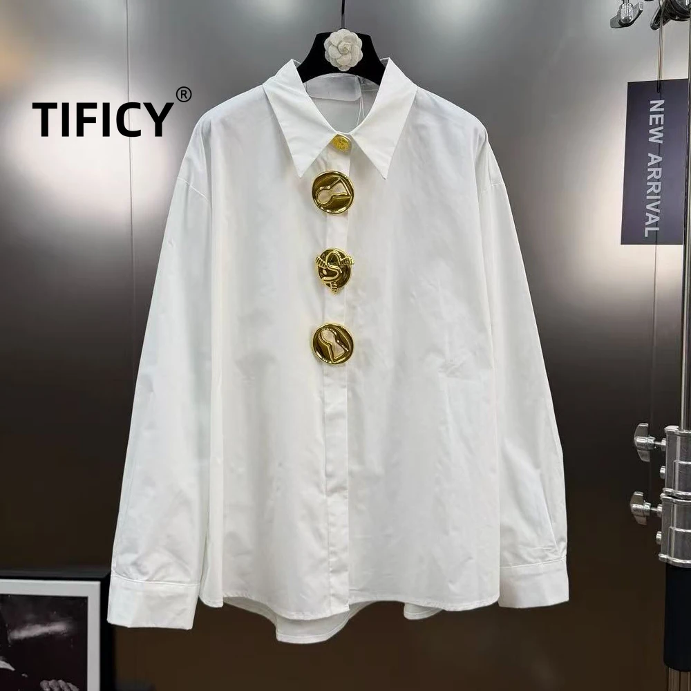 

High Street Fashion Shirts Women's Spring Collar Long Sleeved Metal Pin Decoration Elegant Loose Shirt Blusas Mujer
