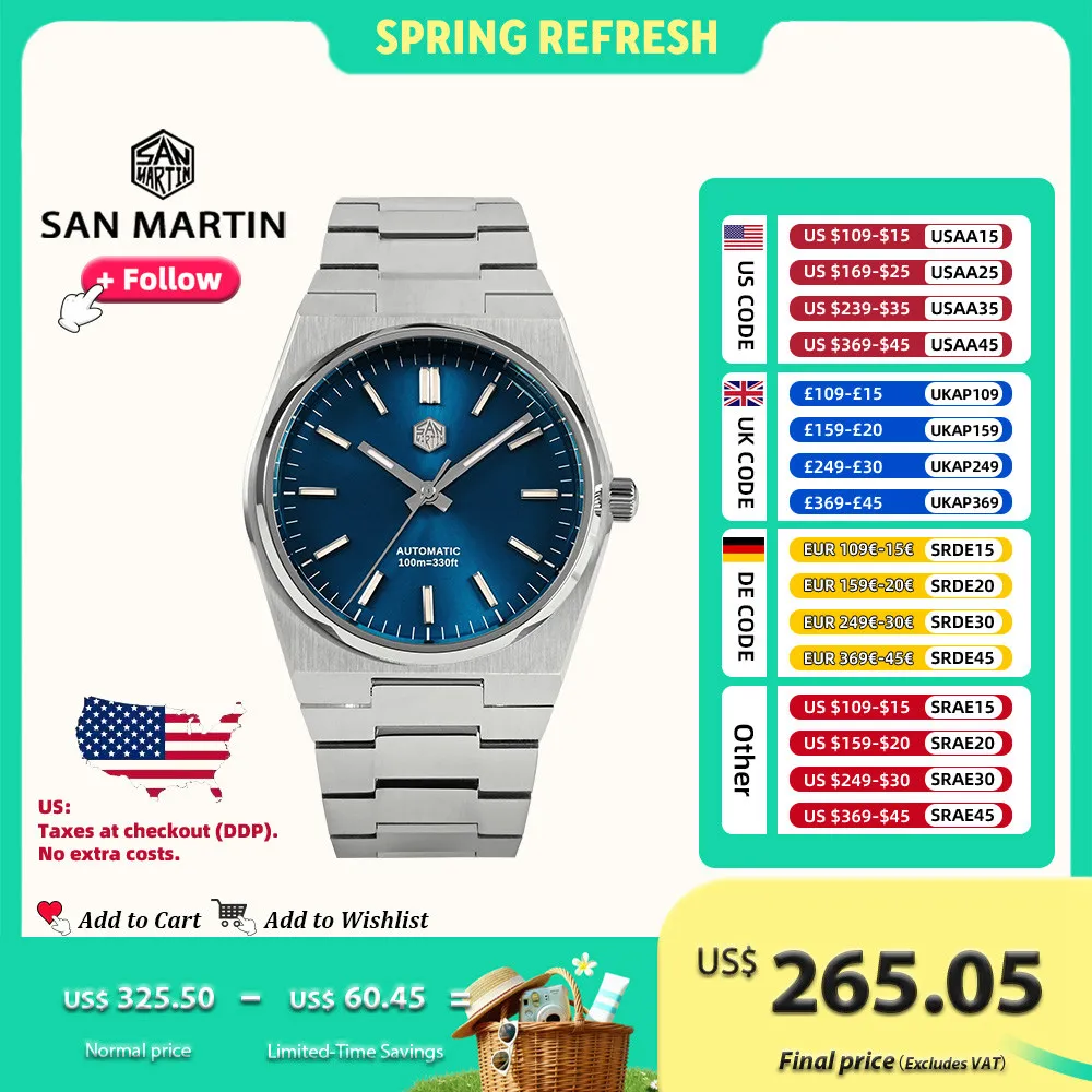 

San Martin Classic Luxury Men Watch Stainless Steel 40mm Dress Miyota 9015 Automatic Mechanical Wristwatch Sapphires BGW-9 10Bar