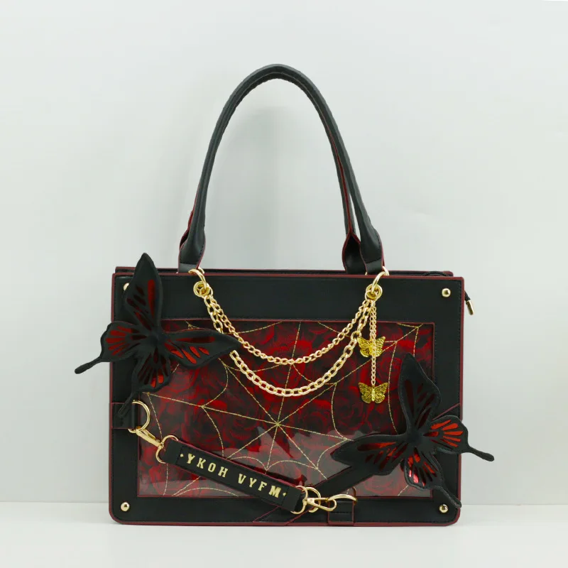 Bolso Tote con Cadena y Diseño de Telaraña de Mariposa Estilo Gótico Oscuro Y2K, Bolso Ita Vintage de Moda Harajuku, Bolsos Transparentes Chic Japoneses para Mujer