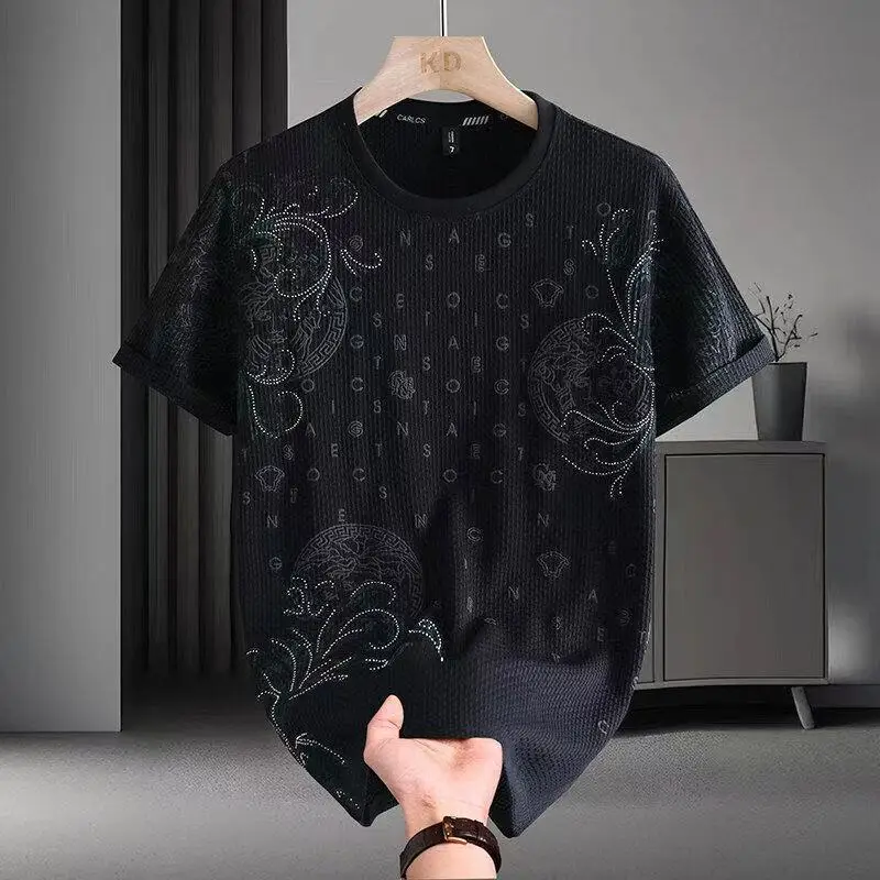 GELITAYIN 2025 Short Sleeved T-shirt For Men Jacquard Loose Round Neck Thin Blouses Quick Dry Loose Fashion Cool Breathable Casu