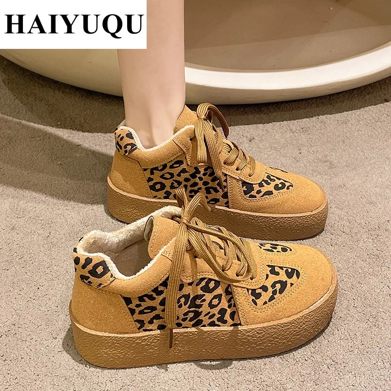 Leopard Frauen Plattform Wohnungen lässige Turnschuhe kurze Plüsch warme Schuhe Winter neue Trend Sport Reisen Laufen Mujer Zapatos