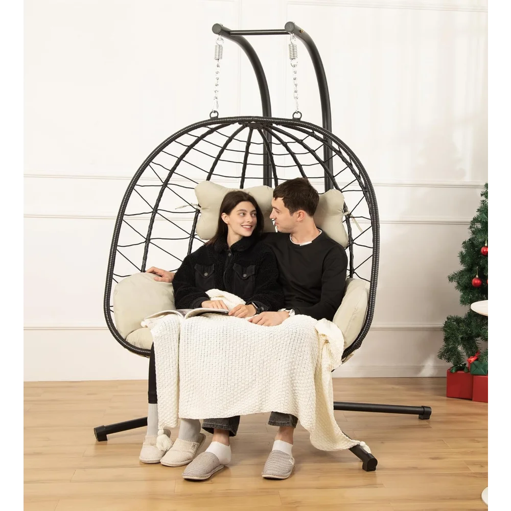 

Double Egg Chair wth Stand Hammock Swing Chair Foldable Hanging Loveseat, UV Resistant Removable Cushions