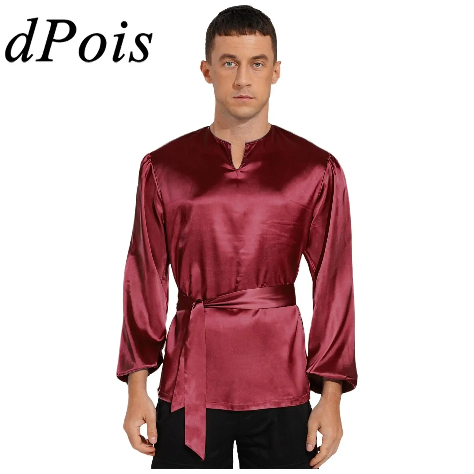 

Mens Lyrical Liturgical Worship Silky Shirt with Belt Long Sleeve Satiny Loose Blouses Tops For Praisewear Dance Ballet Costume