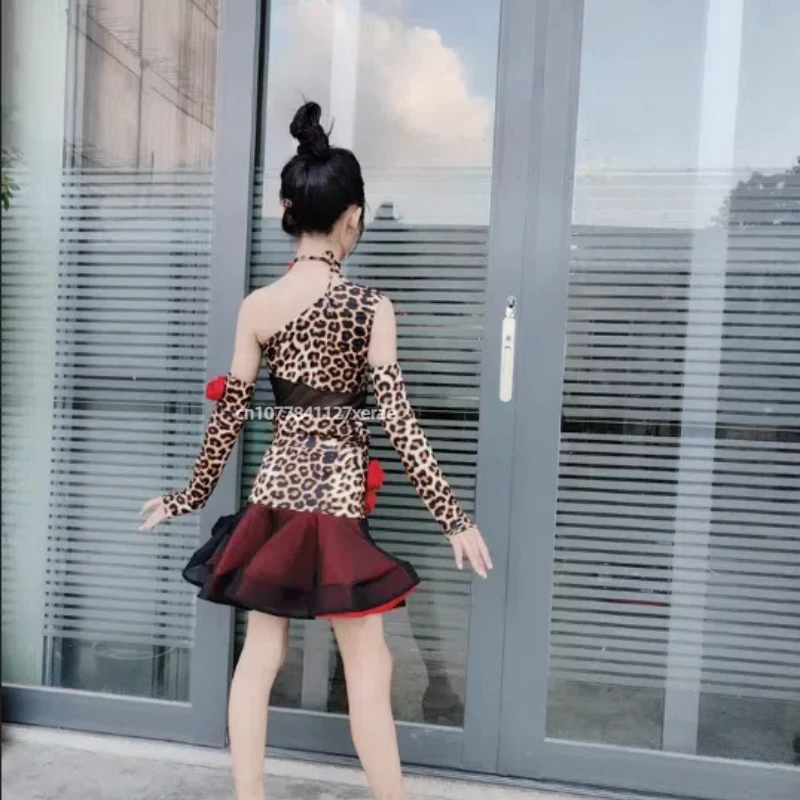 Новое платье для латинских танцев, комплект с леопардовым узором для девочек, детская юбка для соревнований по латинским танцам, детское платье для выступлений