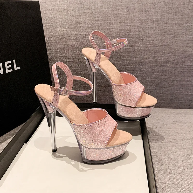 Glitter Platform Stiletto Women Sandals Sequins Sparkly Ankle Strap Buckle Metallic Thin Heel Peep Toe Party Performance Shoes