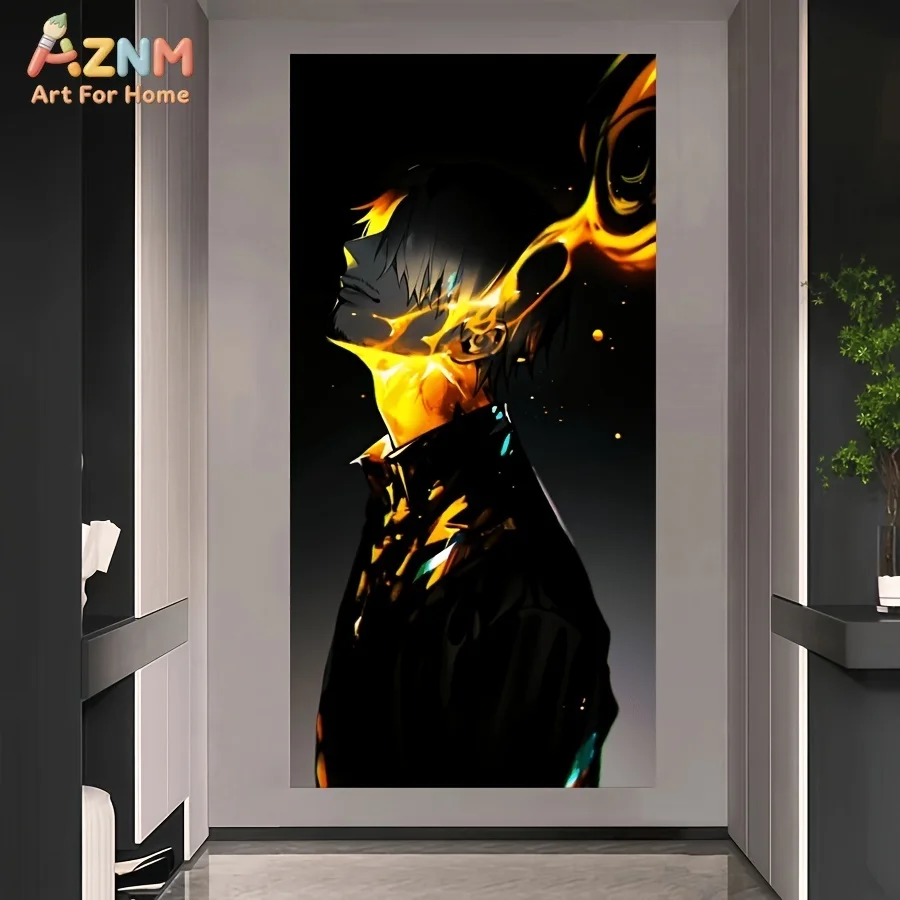 AZNM One Piece Sanji Golden Flame Black Background Side Profile Anime Canvas Wall Art Manga Chef Character Print Unframed Canvas