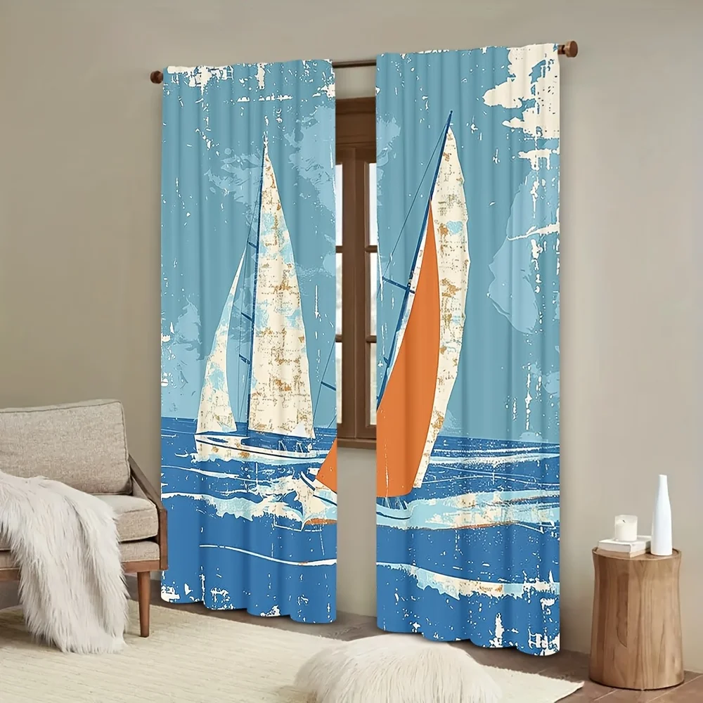 2D Flat, 2pcs 2D Flat Printing Nautical Grunge Style Racing Sailboats In A Windy Ocean Water Print Printed Curtains, Rod Pocket