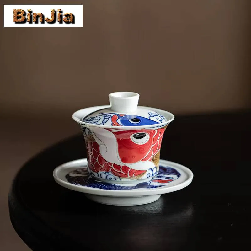

Chinese Dragon Fish Gaiwan Anti Scalding Ceramic Soupers With Lids Tea Tureen Maker Horseshoe Cover Bowl Kung Fu Teaset Gift
