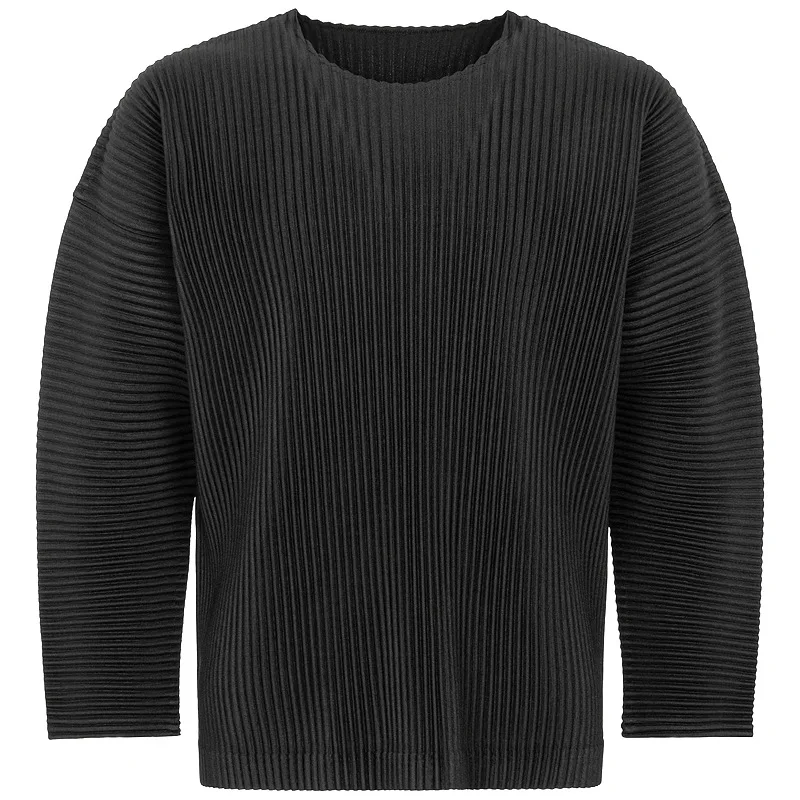 MIYAKE Wrinkle New Basic Style Loose-Fitting Casual Shoulder-Opening Base Layer Shirt Round Neck Long Sleeve T-Shirt