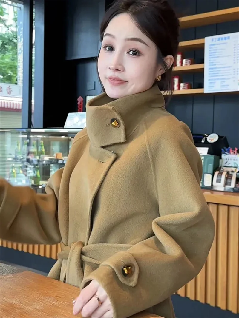 Giacche di lana monopetto da donna da ufficio 2025 Cappotti di lana 100% da donna lunghi larghi con colletto allacciato autunno e inverno