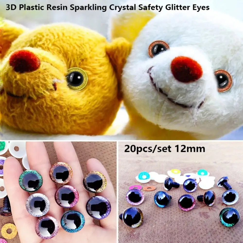 20pcs/set 12mm 3D Sparkling Crystal Cat's Eyes Plastic Resin 8 Colors Bear Animal DIY Dolls Eyes Parts With Flash Pad