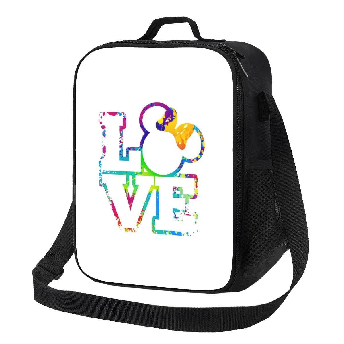 

Custom Mickey Mouse LOVE Insulated Lunch Bag for Outdoor Picnic Leakproof Thermal Cooler Lunch Box Women Kids