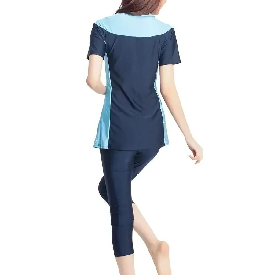 Women's Muslim Swimwear Short Sleeve Top Pencil Pants Two-Piece Spliced Design Dubai Style Arab Sportswear for Ramadan 2024 Beac