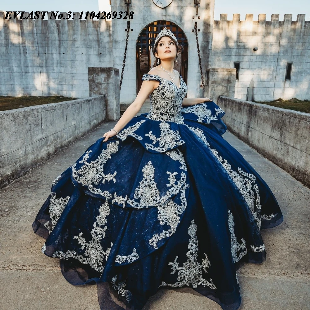 EVLAST Customized Elegant Navy Blue Quinceanera Dress Ball Gown Lace Applique Beading Tiered Sweet 16 Vestido De 15 Anos E3Q491