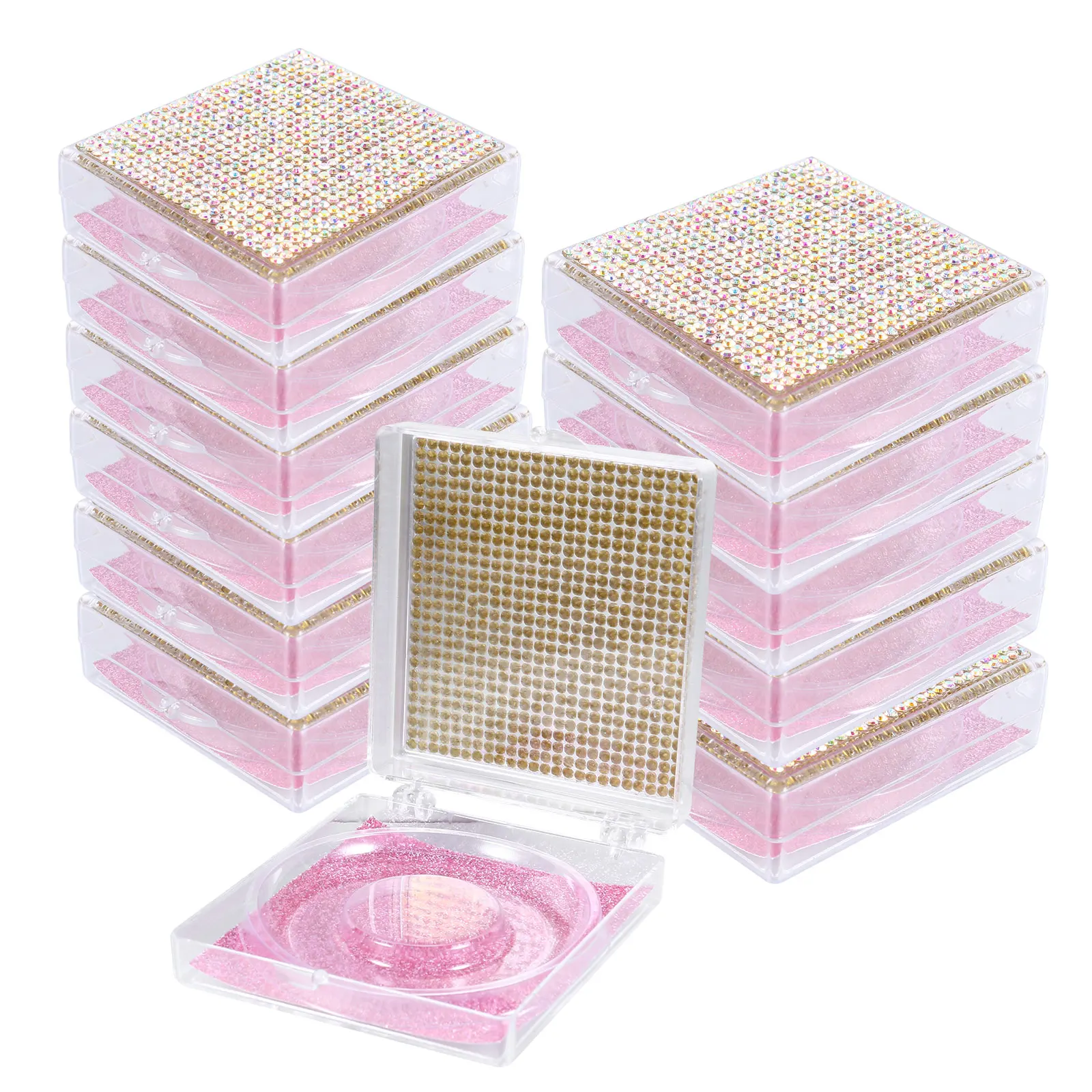 

12pcs Eyelash Boxes Rose Gold Packaging Case Tray Empty Holder Storage Diamond Shaped Rhinestone Embellished Clear Window