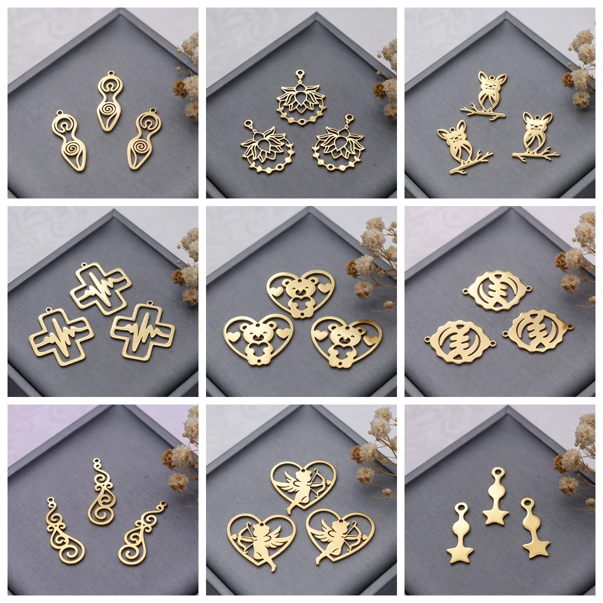 3pcs Peacock Charms DIY Earring Necklace Bracelet Sword Face Pineapple Bat Cardiac Lotus Flower Cupid Pendant For Jewelry Making